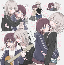  2girls absurdres anger_vein animal_ears beer_can black_choker black_sweater blue_eyes blue_jacket brown_shirt can cat_ears cat_girl cat_tail choker commentary_request dog_ears dog_girl dog_tail drink_can electric_guitar girls_band_cry grey_background grey_eyes grey_hair grey_skirt guitar hamchan69 heart highres holding holding_can holding_guitar holding_instrument hug hug_from_behind instrument iseri_nina jacket kawaragi_momoka kemonomimi_mode multicolored_hair multiple_girls plaid_clothes plaid_skirt pleated_skirt red_hair red_skirt roots_(hair) shirt short_twintails skirt sweater swimsuit tail translation_request twintails white_shirt yuri 