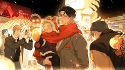  5boys adoptive_parent_and_adoptive_child architecture black_hair bowing carrying child child_carry chinese_clothes chinese_new_year east_asian_architecture father_and_child father_and_son good_fortune_symbol grey_hair hat holding holding_walkie-talkie huangshi_(papa_wolf) jacket langwang_(papa_wolf) looking_at_another looking_at_viewer mittens multicolored_hair multiple_boys night official_art oppo_(company) orange_hair outdoors pants papa_wolf_and_the_puppy parent_and_child phone red_scarf rushi_(mousang) scar scar_across_eye scar_on_face scarf shared_clothes shared_scarf smile snowing suocheng_(papa_wolf) sweater taking_picture tanghua tudou_(papa_wolf) two-tone_hair walkie-talkie 
