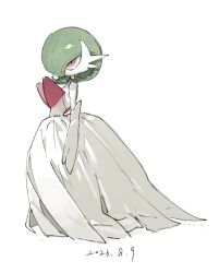  1girl bob_cut colored_skin dated elbow_gloves gardevoir gloves green_hair hair_over_one_eye highres mega_gardevoir mega_pokemon pink_eyes pokemon pokemon_(creature) signature simple_background white_background white_gloves white_skin zhibuji_loom 