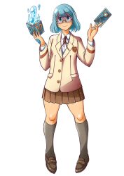  1girl blazer blue_eyes blue_hair bombom book brown_skirt card closed_mouth glasses grey_socks holding holding_book holding_card ice_mage_(housamo) jacket official_art pleated_skirt school_uniform shaded_face skirt smile socks solo spell_card third-party_source tokyo_afterschool_summoners transparent_background 