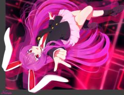 1girl animal_ears black_jacket black_socks blazer collared_shirt commentary_request finger_gun highres jacket leg_up loafers long_sleeves miniskirt necktie pink_skirt pleated_skirt purple_hair purple_shoes rabbit_ears rabbit_girl red_eyes red_necktie reisen_udongein_inaba seo_haruto shirt shoes skirt socks solo touhou white_shirt 