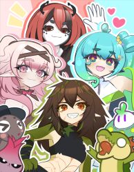  4girls :d antennae arthropod_girl beastiez beri_(beribug) black_dress black_hair black_pants black_sclera black_shirt bow brown_hair choker colored_sclera colored_skin commentary crocodile_girl dress english_commentary fang frilled_choker frills green_streaks grey_skin grin hair_between_eyes hair_ornament heart heikevbo kairyu_crocodile ladybug_girl long_hair looking_at_viewer monster_girl multicolored_hair multiple_girls pants piapi_ufo pink_bow pink_eyes pink_hair pointy_ears red_eyes red_hair sharp_teeth shirt short_eyebrows side_ponytail skin_fang sleeveless sleeveless_shirt smile star-shaped_pupils star_(symbol) star_hair_ornament streaked_hair symbol-shaped_pupils teeth tori_oriane two_side_up violet_eyes virtual_youtuber yellow_pupils yellow_sclera 