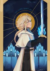  1boy artist_name black_pants blonde_hair blue_fire border cathedral centellear church closed_mouth commentary english_commentary english_text fire from_side highres holding holding_sword holding_weapon looking_up male_focus night octopath_traveler octopath_traveler:_champions_of_the_continent octopath_traveler_0 outdoors pants robe rondo_(octopath_traveler) sidelocks solo sword weapon white_robe yellow_border 