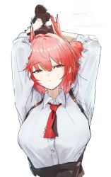  1girl animal_ears arknights arms_up bird_ears bird_girl black_gloves black_skirt breasts chibi chibi_inset detached_sleeves fiammetta_(arknights) gloves highres long_sleeves looking_at_viewer medium_breasts mostima_(arknights) necktie red_eyes red_hair red_necktie sakikov shirt short_hair simple_background sketch skirt solo suspender_skirt suspenders upper_body white_background white_shirt 