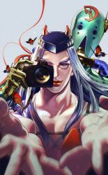  1boy 1other blue_hair blue_hat bug butterfly camera commentary diver_down_(stand) fishnet_top fishnets gloves grey_background hat holding holding_camera horned_hat horns jojo_no_kimyou_na_bouken long_hair looking_at_viewer makeup male_focus musasabi05 narciso_anasui orange_butterfly orange_horns orange_lips reaching reaching_towards_viewer smile stand_(jojo) stone_ocean untranslatable_commentary yellow_gloves 
