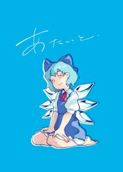  1girl barefoot blue_background blue_bow blue_dress blue_hair blush bow bowtie cirno closed_eyes collared_shirt commentary_request dress fingernails full_body hair_bow hands_on_own_thighs head_tilt highres ice ice_wings kneeling kokechankokko puffy_short_sleeves puffy_sleeves red_bow red_bowtie shirt short_sleeves smile solo touhou translation_request white_shirt wings 