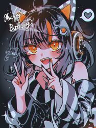  1girl :d ahoge animal_ear_headphones animal_ears arm_belt artist_name asymmetrical_sleeves bare_shoulders belt_collar black_choker black_hair black_nails black_sweater cat_ear_headphones cat_ears choker collar commentary_request double_v eyeball_hair_ornament fake_animal_ears happy_birthday headphones heart highres long_sleeves looking_at_viewer mahou_shoujo_no_majo_saiban multicolored_hair nail_polish noa_rei off-shoulder_sweater off_shoulder open_mouth orange_eyes orange_nails orange_streaks sawatari_coco shirt short_hair signature smile solo spoken_heart streaked_hair striped_sleeves sweater upper_body v white_shirt 