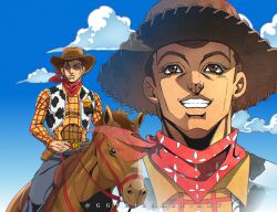  1boy animal_print animification araki_hirohiko_(style) brown_hair bullseye_(toy_story) commentary cow_print cowboy cowboy_hat english_commentary ggs_cihuy hat highres horse jojo_no_kimyou_na_bouken long_sleeves male_focus sheriff_woody shirt short_hair smile toy_story toy_story_2 vest 