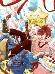  1boy akaba_(fate_rewinder) balloon box cake cake_slice fate_rewinder food food_on_face fruit gift hair_over_one_eye happy_birthday highres holding holding_food in_box in_container katana looking_at_viewer male_focus necktie null25070 open_mouth pants pink_shirt plate red_eyes red_hair red_necktie shirt short_hair solo strawberry strawberry_shortcake sword weapon 