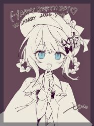  1girl :d artist_name bird_hat_ornament blue_eyes bow bowtie braid braided_hair_rings capelet character_name collared_shirt commentary dated hair_bow hair_rings hand_on_own_chin happy_birthday hat highres kinoeda_tamase mahou_shoujo_no_majo_saiban monochrome necktie open_mouth partially_colored red_background shirt short_hair signature smile solo straight-on tachibana_sherry untranslatable_commentary 