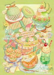  2026 artist_name box bread cake cherry commentary_request cream dated dessert drinking_straw english_text food food_focus fork fruit fruitcake gift gift_box green_background green_theme highres ice ice_cream ice_cream_float melon melon_bread melon_slice melon_soda no_humans original pastry pink_ribbon plate ribbon saigasai seed sherbet sherbet_glass spoon sweets tongs tray watermark 