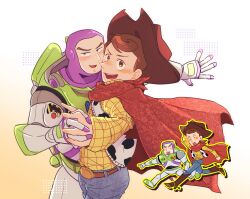  2boys animification belt brown_hair buzz_lightyear cowboy_hat hat highres hug long_sleeves male_focus multiple_boys nhbzzdy open_mouth pants sheriff_woody shirt short_hair simple_background smile spacesuit toy_story white_background 