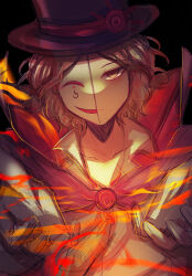  1boy black_background blonde_hair collared_cape collared_shirt commentary_request curly_hair danganronpa_another expressionless fire gloves half_mask hat highres magician mask necktie sannoji_mikado shirt short_hair solo srm_d_r129 super_danganronpa_another_2 watermark white_gloves white_mask white_shirt yellow_eyes yellow_necktie 