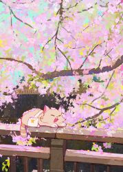  cat cherry_blossoms commentary dappled_sunlight day envelope falling_petals fang happy highres mengxuanliart no_humans on_railing open_mouth original outdoors painterly petals pink_petals railing sunlight tree untranslatable_commentary 