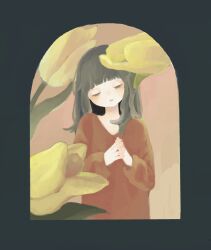  1girl bad_drawr_id bad_id black_eyes black_hair blunt_bangs flower half-closed_eyes hapisony interlocked_fingers long_sleeves medium_hair original own_hands_together parted_lips red_sweater solo sweater upper_body yellow_flower 