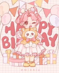  1girl ankle_ribbon balloon birthday bow bow-shaped_hair brown_eyes character_doll child chinese_commentary commentary_request doll double_bun english_text footwear_bow frilled_skirt frills fur-trimmed_sleeves fur_trim garland_(decoration) gift grid_background hair_bun hair_ornament happy happy_birthday highres holding holding_stuffed_toy jacket jingyanyan leg_ribbon long_sleeves looking_at_viewer mary_janes medium_skirt momo_(nikki) nikki_(nikki) nikki_(series) one_eye_closed pantyhose parted_bangs pink_hair pink_jacket pink_skirt pleated_skirt pom_pom_(clothes) pom_pom_hair_ornament ribbon shining_nikki shoes short_hair skirt striped_clothes striped_pantyhose stuffed_animal stuffed_cat stuffed_toy tareme vertical-striped_clothes vertical-striped_pantyhose white_background yellow_bow yellow_pantyhose yellow_ribbon yellow_shoes young_nikki_(shining_nikki) 