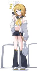  1girl bag belt black_sailor_collar black_shorts blonde_hair blue_eyes blush bow cellphone collarbone commentary_request crop_top cropped_shirt flat_chest full_body grocery_bag hair_bow hair_ornament hairclip highres holding holding_bag holding_phone jacket kagamine_rin leg_warmers long_sleeves looking_at_viewer medium_hair midriff navel neckerchief open_clothes open_jacket parallel_hairclips parted_bangs phone railing sailor_collar shirt shoes shopping_bag short_shorts shorts simple_background sleeveless sleeveless_shirt smartphone solo standing thinker25075754 treble_clef vocaloid white_background white_bow white_jacket white_shirt white_shoes yellow_belt yellow_neckerchief 