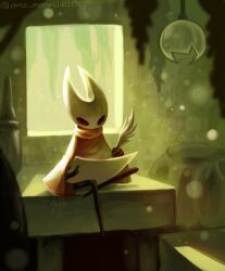  1girl arito_meew arthropod_girl black_eyes black_skin broken_bulb broken_glass cloak colored_skin commentary full_body glass highres holding holding_paper holding_quill hollow_eyes hollow_knight horned_mask hornet_(hollow_knight) horns indoors mask moss paper quill red_cloak sitting solo twitter_username white_mask writing 