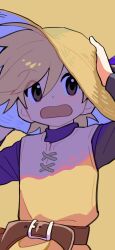  1girl androgynous belt black_shirt blonde_hair bouro73 brown_belt brown_eyes commentary_request hair_between_eyes hands_on_headwear hat highres long_sleeves open_mouth pokemon pokemon_adventures reverse_trap shirt signature simple_background solo straw_hat tunic upper_body yellow_(pokemon) yellow_tunic 