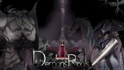  absurdres akaimato armor army crack_of_light demon demon_wings demons_roots flying highres holding holding_polearm holding_weapon horse knight lance muscular muscular_male non-web_source official_art official_wallpaper polearm red_eyes scathach_(demonsroots) silhouette spotlight throne title todeira_(demonsroots) weapon wings zanaharry_(demonsroots) 
