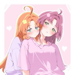  2girls :/ absurdres ahoge akechi_anna akechi_anna_(civilian) aqua_eyes behind_another blunt_sidelocks blush breasts closed_mouth commentary_request couple crew_neck cuddling curtained_hair daifuku_momiji dot_nose forehead front-to-back green_eyes hair_down hair_intakes head_on_another's_shoulder head_tilt heart heart_background highres kobayashi_mikuru kobayashi_mikuru_(civilian) long_hair looking_ahead looking_to_the_side loungewear meitantei_precure! multiple_girls nuzzle orange_hair outline parted_lips pink_background pink_shirt precure purple_hair purple_shirt shirt short_sleeves sidelocks t-shirt two-tone_background upper_body white_outline yuri 
