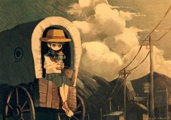  1girl ahoge ahoge_girl_(jimini_shijimi) blue_sailor_collar blue_serafuku blue_skirt blunt_bangs cactus cart closed_mouth clouds commentary_request converse hat highres holding holding_plant jimini_shijimi looking_at_object low_twintails neckerchief no_pupils original plant pleated_skirt potted_plant red_neckerchief red_shoes sailor_collar school_uniform serafuku shoes short_sleeves short_twintails sidelocks sitting skirt sky solo straw_hat twintails utility_pole 
