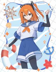  1girl a.i._voice adachi_rei alternate_costume black_pantyhose black_shirt blue_sailor_collar blue_shorts commentary flag hand_up headset highres holding holding_flag innertube kasupi_04 layered_sleeves long_sleeves medium_hair neckerchief one_side_up orange_eyes orange_hair orange_neckerchief pantyhose sailor sailor_collar sailor_shirt shirt short_over_long_sleeves short_sleeves shorts solo standing swim_ring utau white_shirt 