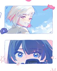  2girls alternate_universe blue_eyes blue_hair blue_sky blush camera clouds commentary day dollchestra grin highres looking_back love_live! love_live!_hasu_no_sora_jogakuin_school_idol_club multicolored_hair multiple_girls murano_sayaka nose_blush outdoors pipi_(m1x_mix) red_eyes red_streaks school_uniform short_hair sky smile streaked_hair thai_school_uniform virtual_youtuber white_hair yugiri_tsuzuri 