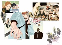  beard_stubble black_suit blonde_hair business_suit carl_(project_hail_mary) casual commentary_request eva_stratt facial_hair formal_clothes goggles highres jacket korean_commentary messy_hair multiple_boys multiple_girls necktie orange_hair project_hail_mary ryland_grace sarlthehunter stubble suit suit_jacket 