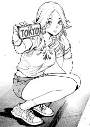  1girl bracelet cellphone commentary_request earrings elbow_on_thigh fingernails full_body greyscale gyaru head_rest holding holding_phone jewelry long_fingernails long_hair looking_at_viewer monochrome original phone ring saeki_shun shirt shoes shorts sneakers socks solo squatting t-shirt 