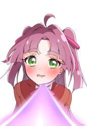 1girl absurdres ahoge blush brown_jacket commentary_request curtained_hair daifuku_momiji dot_nose forehead green_eyes hair_intakes hair_ribbon highres jacket kobayashi_mikuru kobayashi_mikuru_(civilian) leash long_hair meitantei_precure! nose_blush open_mouth partial_commentary pink_ribbon pov precure purple_hair ribbon simple_background solo two_side_up uneven_eyes upper_body viewer_holding_leash white_background