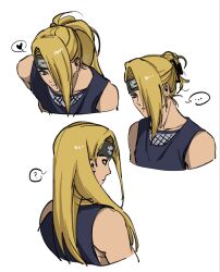  ... 1boy ? bare_shoulders black_headband blonde_hair blue_eyes commentary_request cropped_torso deidara_(naruto) hair_ornament hair_over_one_eye hairclip headband heart highres korean_commentary light_smile long_hair male_focus multiple_views naruto_(series) naruto_shippuuden ponytail sasukete_ninja shirt sleeveless sleeveless_shirt solo spoken_ellipsis spoken_heart spoken_question_mark updo 