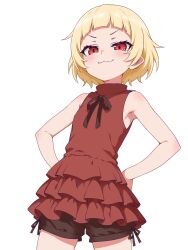  1girl :3 bare_shoulders black_ribbon black_shorts blonde_hair blunt_bangs blush brown_shorts closed_mouth cowboy_shot dress fang fang_out frilled_dress frills hands_on_own_hips highres looking_at_viewer luna_velstra monogatari_(series) oshino_shinobu red_dress red_eyes ribbon short_hair short_shorts shorts simple_background skin_fang sleeveless sleeveless_dress smile smug solo v-shaped_eyebrows white_background 