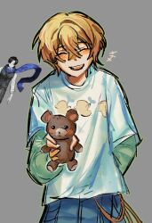  +++ 2boys :d ^_^ blonde_hair blue_pants blue_scarf blush closed_eyes cowboy_shot demian_(project_moon) double-parted_bangs game_screenshot_inset green_shirt grey_background highres holding holding_stuffed_toy layered_sleeves limbus_company long_sleeves male_focus multiple_boys official_alternate_costume open_mouth pants print_shirt project_moon scarf screenshot_inset shirt short_hair short_over_long_sleeves short_sleeves simple_background sinclair_(project_moon) smile solo_focus stuffed_animal stuffed_toy teddy_bear white_shirt wind_sandstars 