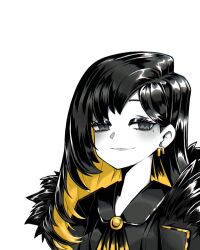  1girl binah_(project_moon) black_eyes black_hair blonde_hair closed_mouth colored_inner_hair colored_skin commentary english_commentary highres library_of_ruina long_hair mole mole_under_eye multicolored_hair project_moon simple_background smile smug solo two-tone_hair upper_body utsukushiidesu white_background white_skin 