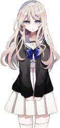  1girl black_cardigan blue_bow blue_bowtie bow bowtie cardigan game_asset grey_eyes grey_hair highres hokuto1017 kobayakawa-san_ha_soullike large_variant_set long_hair long_sleeves looking_at_viewer non-web_source open_cardigan open_clothes open_mouth pleated_skirt sailor_collar self-datamine simple_background skirt solo sweatdrop thigh-highs transparent_background variant_set white_sailor_collar white_skirt white_thighhighs 