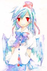  1girl 2000s_(style) arms_behind_back blue_hair blue_skirt blue_wings buttons collared_shirt commentary_request cowboy_shot hat looking_at_viewer mikoru open_mouth painting_(medium) red_eyes red_hat shameimaru_aya shirt short_hair short_sleeves simple_background skirt smile solo tokin_hat touhou traditional_media watercolor_(medium) white_background white_shirt wings 