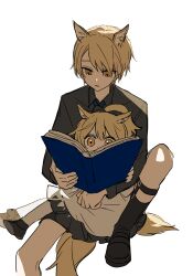  1boy 1girl aged_down animal_ear_fluff animal_ears arknights black_bow black_shirt black_shoes black_socks blonde_hair book bow character_request check_character child collared_shirt commentary_request dress hair_bow highres holding holding_book horse_boy horse_ears horse_girl horse_tail long_sleeves mlynar_(arknights) nearl_(arknights) necktie ok_o_o open_book ponytail reading shirt shoes short_hair shorts simple_background sitting sitting_on_lap sitting_on_person socks tail white_background white_dress yellow_eyes 