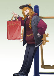  1girl absurdres alternate_costume animal_ears arknights bag baseball_cap black_hat black_jacket black_pants brown_hair ceobe_(arknights) chinese_commentary commentary_request dog_ears dog_girl drill_hair drill_sidelocks ears_through_headwear extra_ears fangs hand_in_pocket hat highres holding holding_bag hood hoodie jacket letterman_jacket long_hair mask mask_pull mouth_mask one_eye_closed open_clothes open_jacket open_mouth pants red_sweater shoes shopping_bag sidelocks simple_background sneakers solo sweater very_long_hair white_background white_shoes yima_(power222222) 