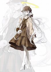  absurdres alternate_costume bag black_choker blue_archive bow brown_coat brown_dress brown_hat casual charm_(object) choker coat colored_skin commentary dress hair_bow hair_over_one_eye halo handbag hat high_heels highres konattang long_hair long_sidelocks low-tied_long_hair malkuth_(blue_archive) multiple_hat_bows newsboy_cap plaid_clothes plaid_dress sidelocks string_choker sweater sweater_under_dress symbol-shaped_pupils untranslatable_commentary very_long_sidelocks white_hair white_skin white_sweater yellow_halo 