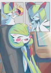  +++ absurdres berry_(pokemon) blush blush_stickers closed_eyes commentary_request covered_eyes crowsk eating evolutionary_line food food_bite food_on_face fruit gardevoir highres holding holding_food holding_fruit kirlia mega_stone open_mouth pokemon pokemon_(anime) pokemon_(creature) pokemon_focus poketoon qualot_berry ralts scratches seatbelt smile vehicle_interior 