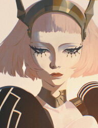  1girl blunt_bangs blunt_ends closed_mouth commentary english_commentary euli_art eyelashes green_eyes hairband highres jewelry lipstick looking_at_viewer makeup metal_hairband metaphor:_refantazio necklace pink_hair portrait puffy_sleeves rella_(metaphor:_refantazio) short_hair simple_background solo 