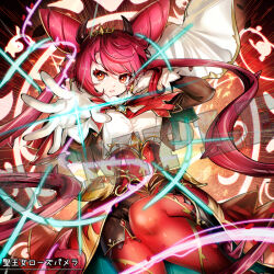  1girl black_border bluesky_username border character_name commentary_request commission dominus_purge dominusteer_rosepamela double_bun duel_monster gloves hair_bun horns kalian long_hair pantyhose red_eyes red_hair red_pantyhose sample_watermark shorts tiara watermark white_gloves yu-gi-oh! 
