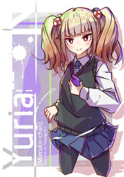  1girl black_pantyhose black_sweater_vest blonde_hair blue_necktie blue_skirt blunt_bangs blush border bright_pupils closed_mouth collared_shirt commentary_request cropped_legs hair_bobbles hair_ornament highres long_sleeves looking_at_viewer medium_hair mieruko-chan miniskirt necktie niguredou_julia outside_border pantyhose pleated_skirt purple_background red_eyes school_uniform shirt sidelocks skirt solo striped_clothes striped_necktie sweater_vest tetenka twintails white_border white_pupils white_shirt 