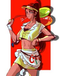  1girl alien_stage apron balloon black_tube_top brown_hair chinese_commentary collared_shirt commentary cowboy_shot crop_top dark-skinned_female dark_skin grey_eyes high_ponytail highres holding holding_balloon hyuna_(alien_stage) layered_clothes long_hair midriff navel official_alternate_costume parted_lips pencil_skirt ponytail seppuku009 shirt skirt solo strapless striped_clothes striped_shirt thick_eyebrows tube_top vertical-striped_clothes vertical-striped_shirt very_long_hair visor_cap white_apron white_shirt wristband yellow_shirt yellow_skirt 