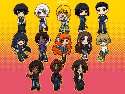  1other 6+boys 6+girls absurdres black_gloves black_hair black_jacket black_pants black_shirt black_sweater blue_eyes blue_overalls blue_skirt brown_hair clock commentary_request dante_(limbus_company) don_quixote_(project_moon) faust_(project_moon) fire full_body gloves gregor_(project_moon) heathcliff_(project_moon) heterochromia highres hong_lu_(project_moon) ishmael_(project_moon) jacket layered_sleeves limbus_company long_hair long_sleeves meursault_(project_moon) multiple_boys multiple_girls nra_3614 object_head open_mouth outis_(project_moon) overalls pants parted_bangs project_moon rodion_(project_moon) ryoshu_(project_moon) shirt short_hair short_over_long_sleeves short_sleeves sinclair_(project_moon) skirt smile sweater very_long_hair white_hair white_shirt yi_sang_(project_moon) 