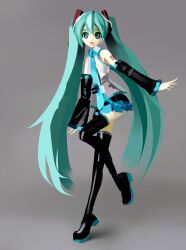  1girl absurdres aqua_eyes aqua_hair black_boots black_skirt black_sleeves blue_necktie boots commentary detached_sleeves foot_up_heel_up full_body grey_background grey_shirt hatsune_miku highres jelekpl long_hair looking_at_viewer miniskirt necktie number_tattoo open_mouth shirt skirt sleeveless sleeveless_shirt smile standing standing_on_one_leg tattoo thigh_boots twintails untranslatable_commentary very_long_hair vocaloid 