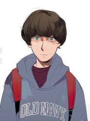 1boy adam_lanza animification arms_at_sides backpack bag blue_eyes blue_hoodie blunt_bangs brown_hair closed_mouth clothes_writing crew_neck english_text facing_viewer goodfolk2 grey_hoodie highres hood hood_down hoodie loose_clothes lower_eyelashes_only male_focus nose_shade nostrils old_navy_(brand) partially_shaded_face purple_shirt real_life red_bag shirt short_hair strap true_crime white_background 