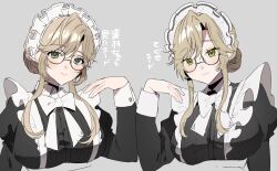  1girl ade_(nikke) blonde_hair bow bowtie braid braided_base breasts bun_with_braided_base closed_mouth glasses goddess_of_victory:_nikke green_eyes hair_bun highres large_breasts light_smile long_sidelocks long_sleeves looking_at_viewer maid maid_headdress multiple_views nnn_chisi parted_bangs sidelocks simple_background solo upper_body white_bow white_bowtie 