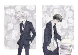  2boys absurdres black_hair black_jacket black_pants black_ribbon book border chiekooda0810 closed_mouth commentary_request dress_shirt grey_background grey_hair hands_in_pockets highres holding holding_book ikari_shinji jacket male_focus multiple_boys nagisa_kaworu neck_ribbon neon_genesis_evangelion open_clothes open_jacket outside_border oversized_clothes pants pile_of_books ribbon shirt short_hair simple_background standing suit_pants untucked_shirt white_border 